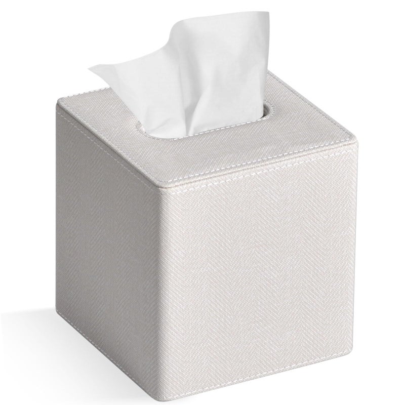 GOLRANLYE Tissue Box Cover Square PU Leather Facial Tissue Box Holder for Dresser Bathroom Decor (Linen Beige) - Image 1